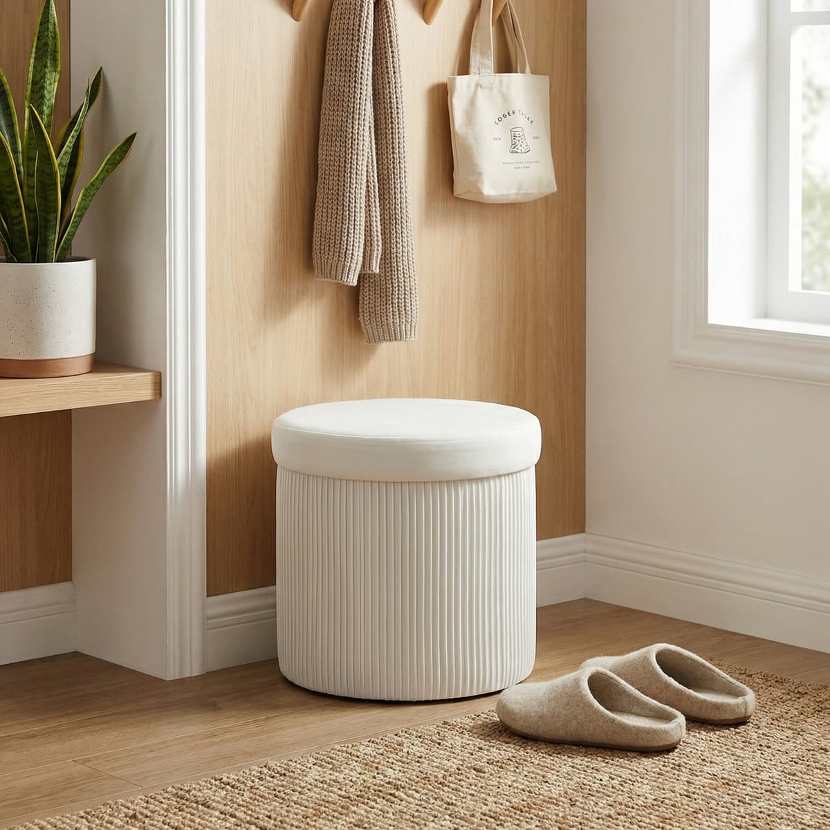 Homcom Pouf Contenitore Panca Contenitore Pieghevole 35 L 38x38x38 cm Rivestito in Velluto Baule Contenitore Rotondo Crema   Aosom Italy