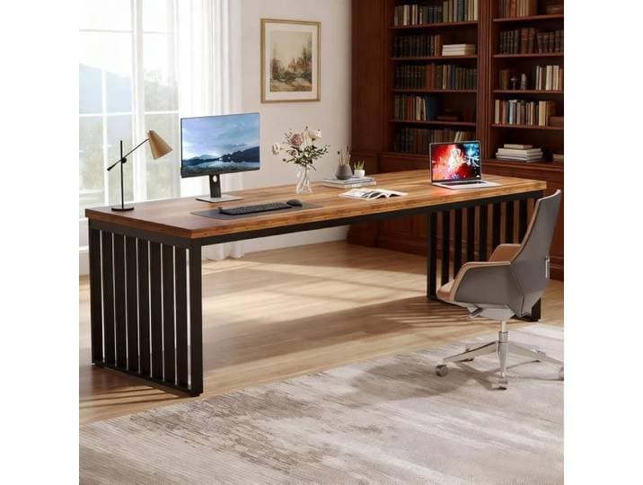 Grand bureau d'ordinateur de 180 cm avec structure en métal robuste - Bureau Gaming Station de travail - Marron (sans chaise）