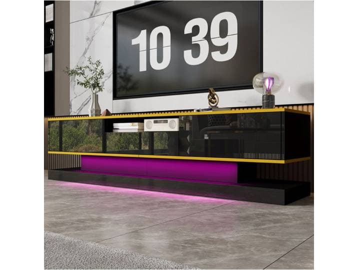 Meuble TV 3 Tiroirs et 1 Niche Ouverte avec LED - MEUNIQ - Noir Brillant Liserés Dorés Salon 180×38×45 cm