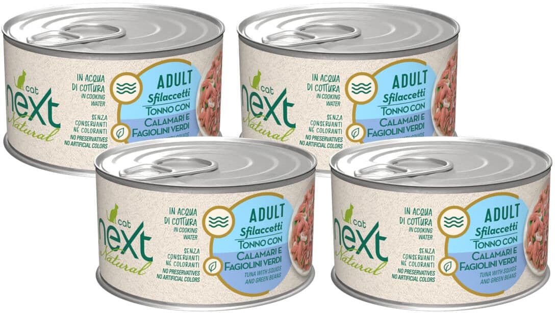 Next Natural Cat Lattina Multipack 4x150G TONNO CON CALAMARI E FAGIOLINI VERDI
