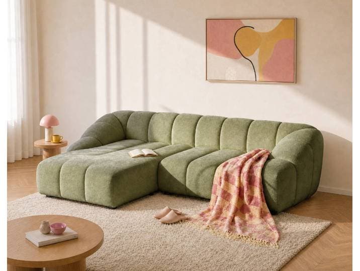 Ava - Canapé D'Angle Réversible 4 Places En Velours Texturé - Vert Kaki