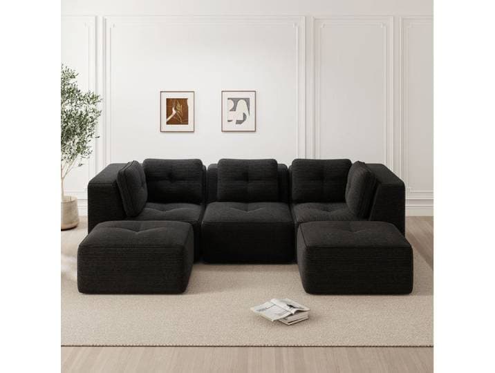 Canapé d'angle modulable 3 places avec assise profonde - BEAUNIV - mousse 32D velours côtelé sans montage noir