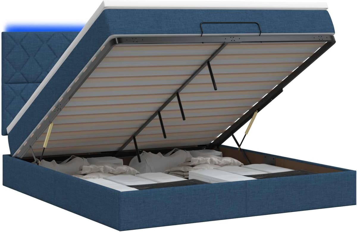vidaXL Lit coffre avec matelas et LED Bleu 180 x 200 cm Tissu
