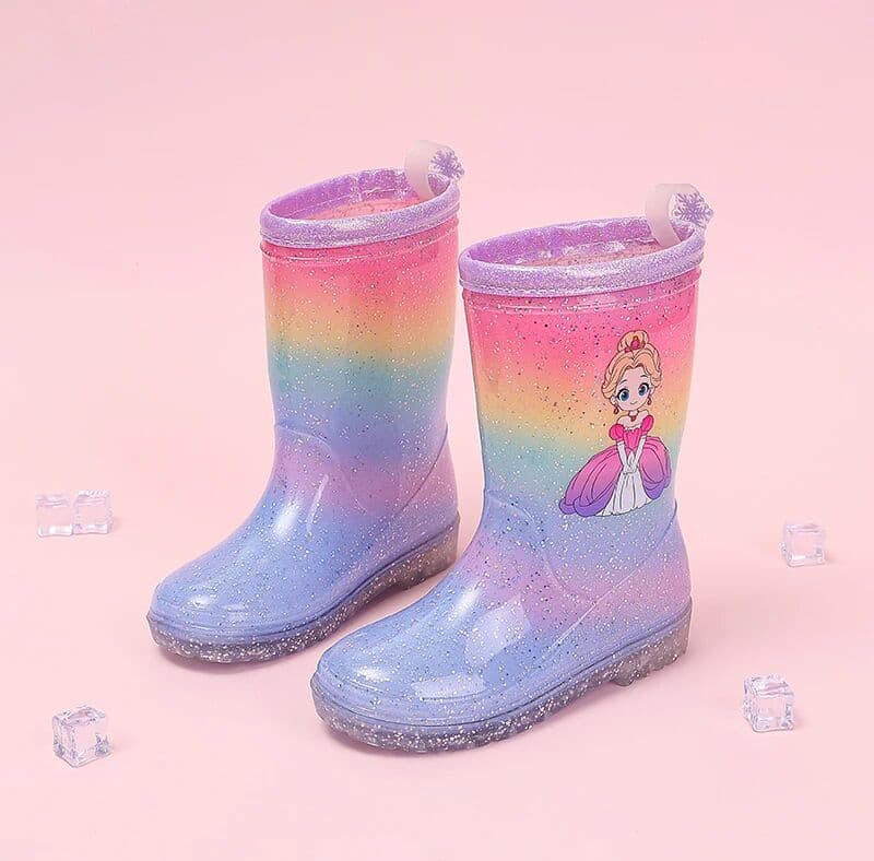 Fmseruios Four Seasons Kids Girls Rainbow Glitter Rain Boots Waterproof Non-Slip Sole Pull Tab Outdoor School Daily Casual Rain Shoes