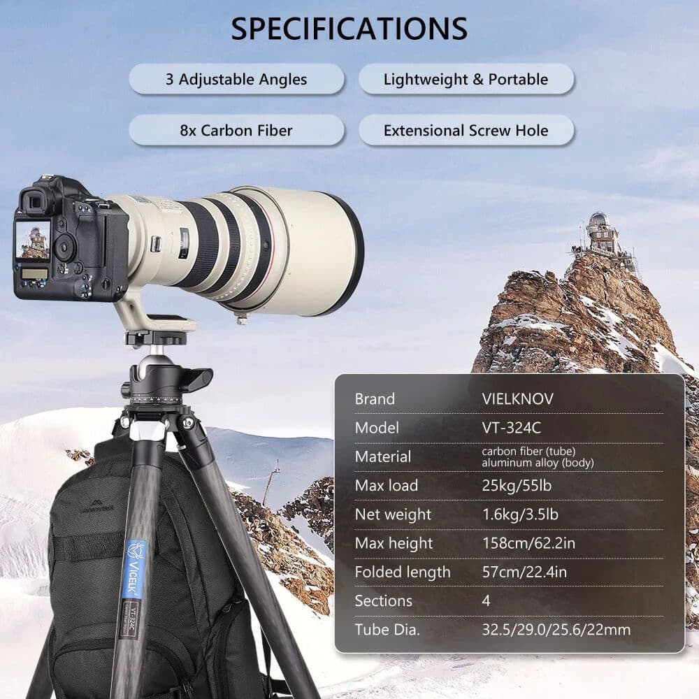 VICELK VT284C/VT-324C 158cm Compact Carbon Fiber Tripod 28/32mm Tube Heavy Duty Camera Travel Tripod for DSLR Camera ,Load 25kg
