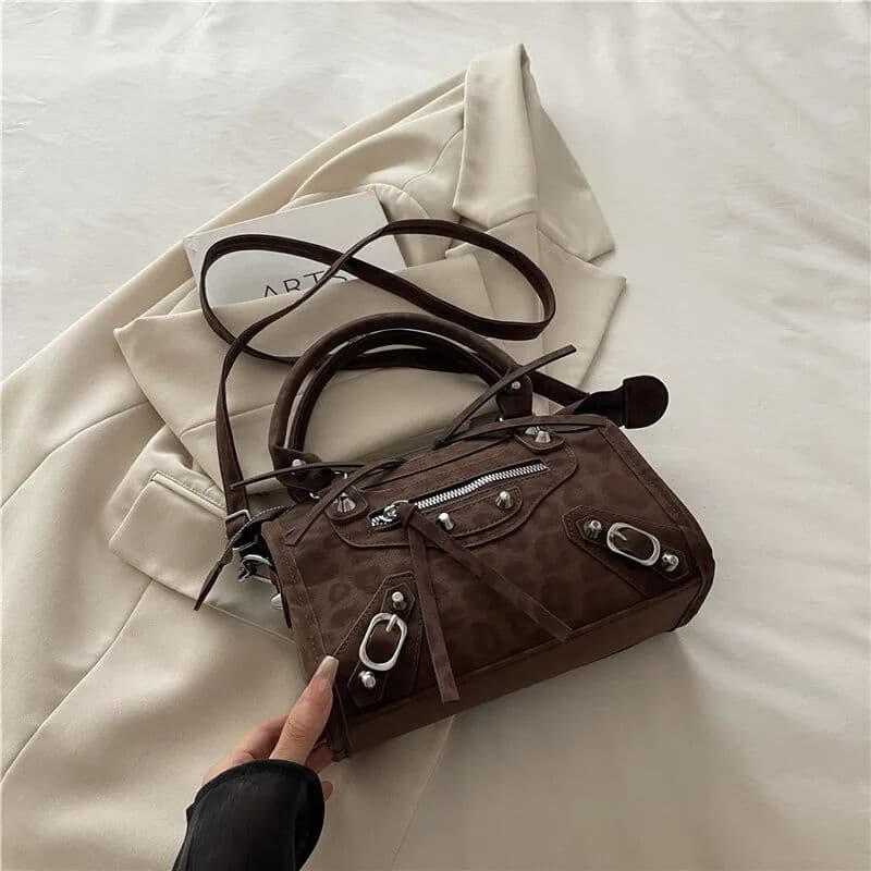 NONE Motorcycle Handbag Single Shoulder Bag Fashion Retro Rivets Large Capacity Pillow Bag for Women Bowling Bag  Crossbody Bag