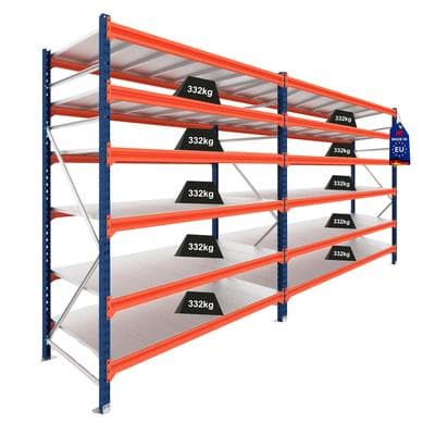 PROREGAL Weitspannregal Schwerlastregal Lagerregal DOMINUS Komplettregal 2 Felder HxBxT 250x480x60cm 6 Ebenen Stahlplatte Fachlast 332 kg Blau/Orange