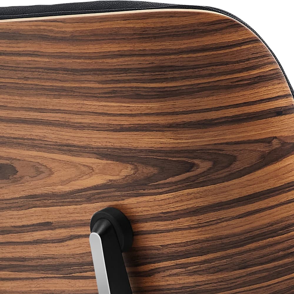 NONE EU-Lagerbestand TY321 XL Lounge-Sessel mit Hocker, helles Rosenholz, schwarzes Vollnarbenleder, achtlagige gebogene Platte, schwarze Aluminiumbasis, ergonomische Ganzkörperstütze, 360° drehbar °