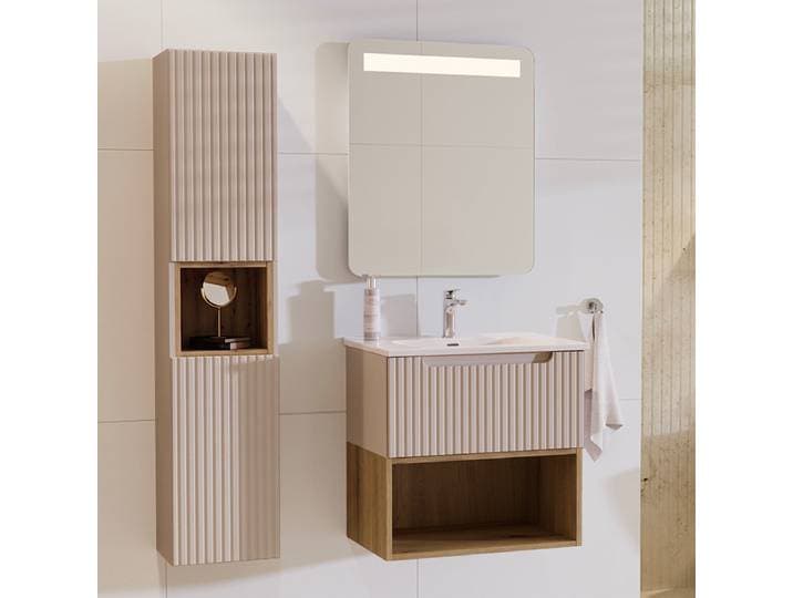 Ensemble meuble simple vasque encastrée 60cm et colonne Riva Cachemire et Bois