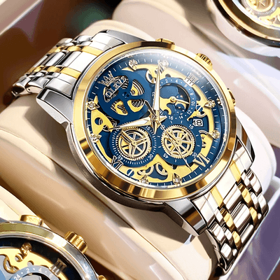 Inspire Essentials OLEVS Luxury Skeleton Quartz Watch For Men Waterproof Day Night Display blue Gold