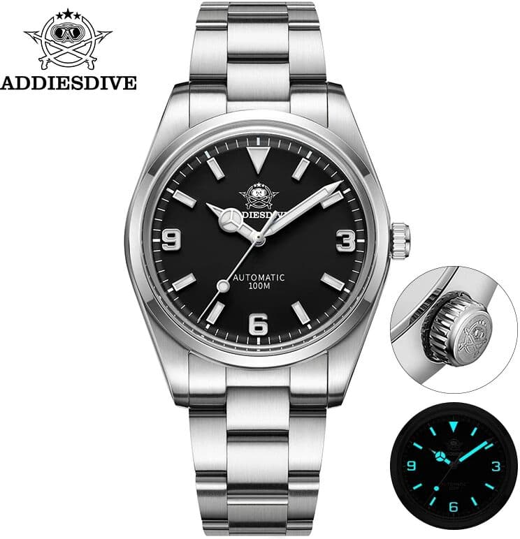 ADDIESDIVE 38mm Men's Waterproof Watch Explorer Homage 10Bar BGW9 Luminous Vintage NH35A Automatic Mechanical Watch Reloj Hombre