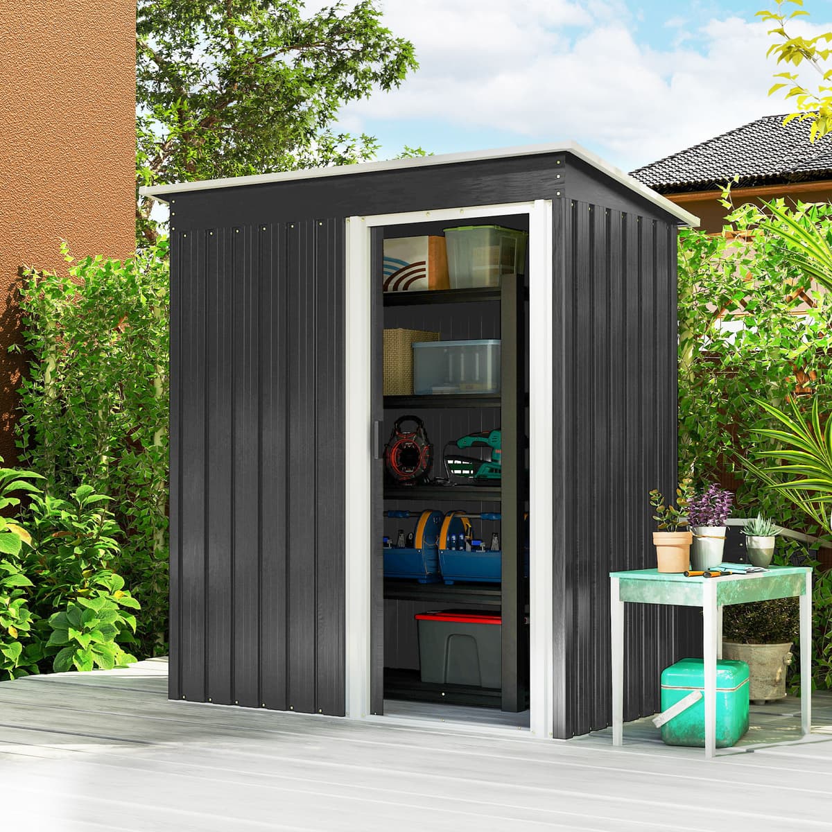 Altro Casetta Da Giardino 1.16m² In Acciaio Zincato, Capanno Da Giardino Con Tetto Inclinato E Porta Scorrevole Bloccabile, Capanno Porta Attrezzi, 163x89x