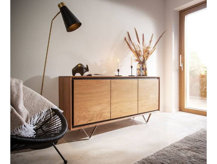 Sideboard Stonegrace 145 cm Akazie Natur 3 Türen Steinfurnier V-Fuß, Sideboards