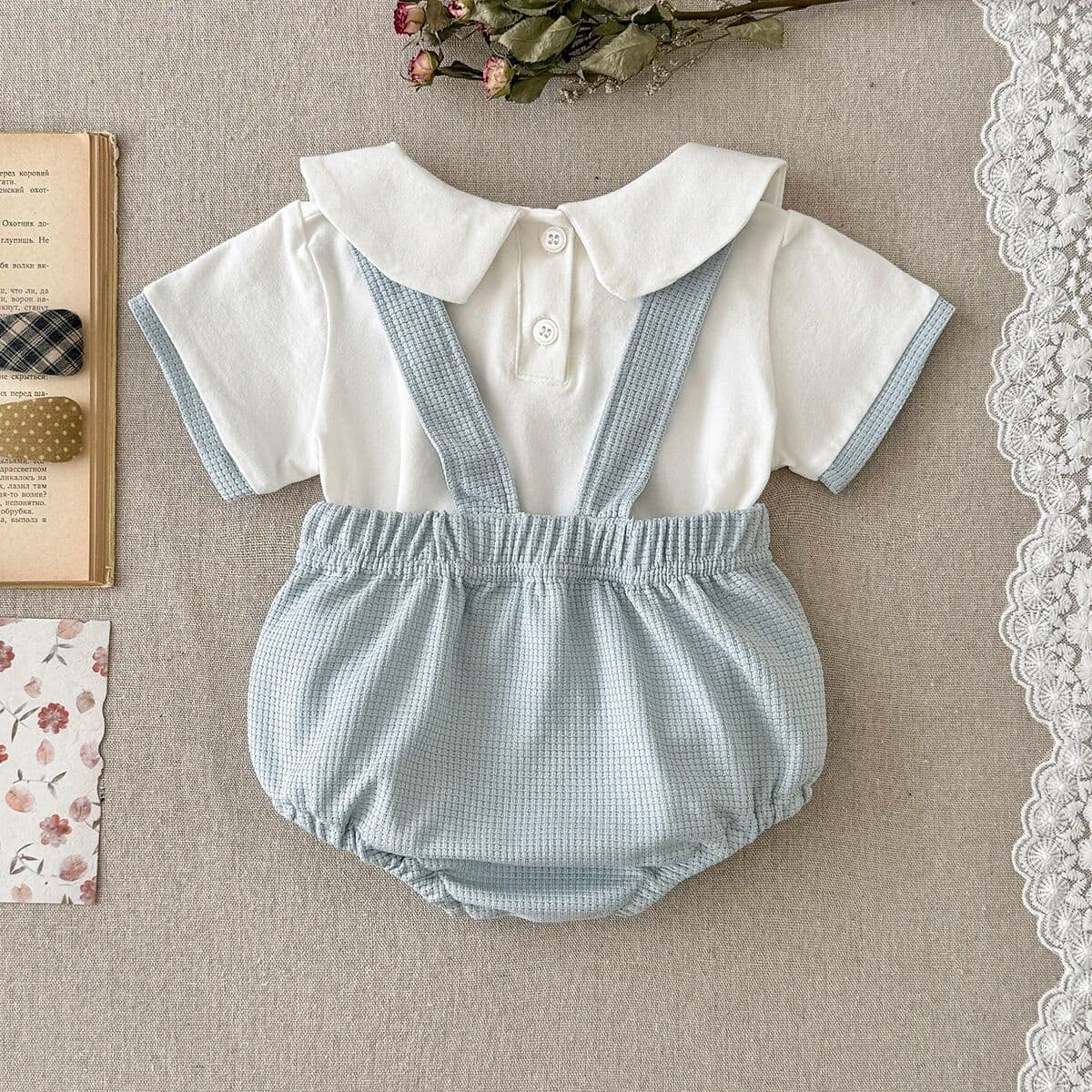 NONE born Clothes Cute Cartoon Embroidered Little Bear Strap Fake Two Comfortable Summer Boys Girls 0-18M Short Sleeve Baby Set