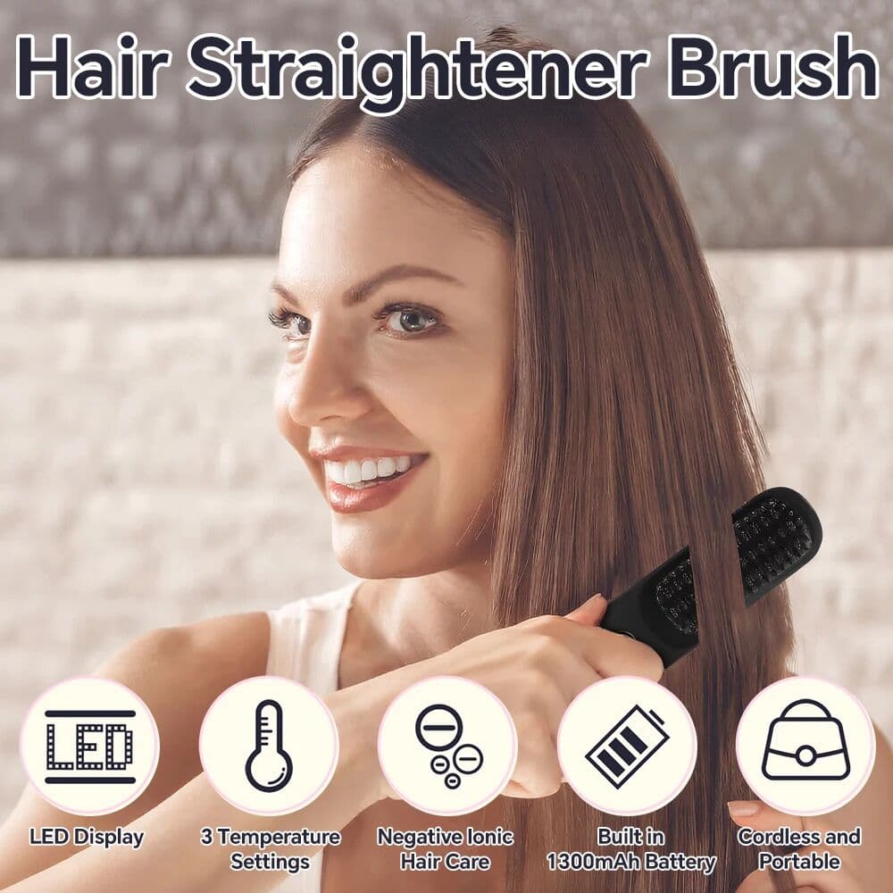 Alyson Hair Straightener Brush with 3 Temp Settings, Fast Heating & Auto-off, Portable Rechargeable Ionic Straightening Comb for Women