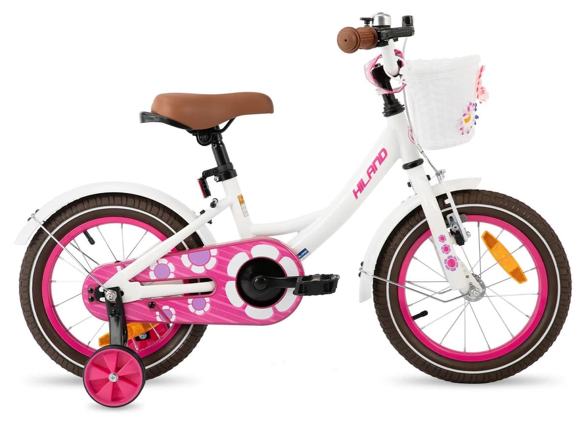 Kinderfahrrad für Mädchen - 16 Zoll (40 cm) - Für 3-7 Jahre - Mit Korb - Mit Stützrädern - Stahlrahmen - V-Bremse vorn, Rücktrittbremse hinten - Weiß