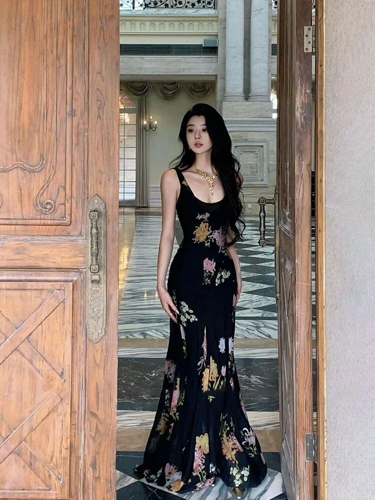 others Retro Floral Halter Gown N13 SYXATN Waist Cinched Spring Summer High Waist Printed Long Skirt for Women Elegant A-Line Dress