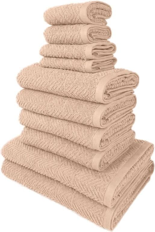 Handtuch Set GOODPRODUCT "Inga mit Struktur, Duschtücher, Handtücher, Gästetücher, Seiftücher", grün (beige), 10, Frottier, Frottier, Obermaterial: 100% Baumwolle, Handtuch-Sets, Handtuch Set, Strukturierte Handtücher mit Bordüre, 100% Baumwolle, einfarbi