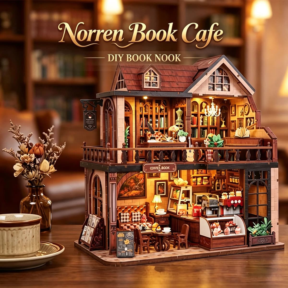 ELEVEN-CUTE DIY Wooden Norren Book Cafe Miniature Model Kits With Furniture Puzzles Casa Dollhouse for Friends Birthday Gifts