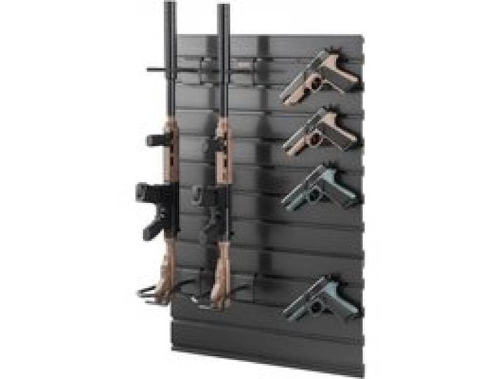 VEVOR Wandmontage Wapenrek voor 2 Geweren & 4 Pistolen, Geweerhouder met Haken, Geweerrek Gemaakt van Koolstofstaal (Frame) & PVC (Achterpaneel), Modulair Wapenopbergsysteem