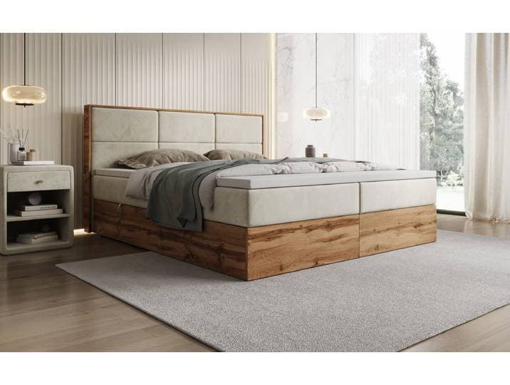 Boxspringbett Timber Panel mit Stauraum in Samt - 180x200 - Hellgrau - H4 (100kg+) - Luxusbetten24