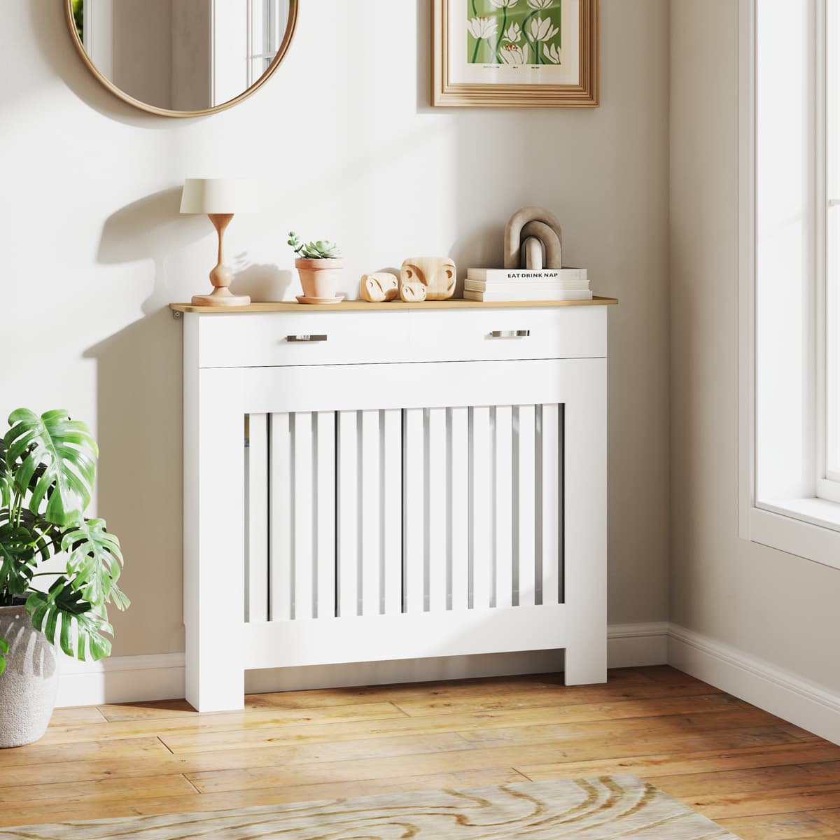Homcom Copritermosifone a Doghe Antiribaltamento con Cassetto Portaoggetti, in Legno, 112x19x97 cm, Bianco