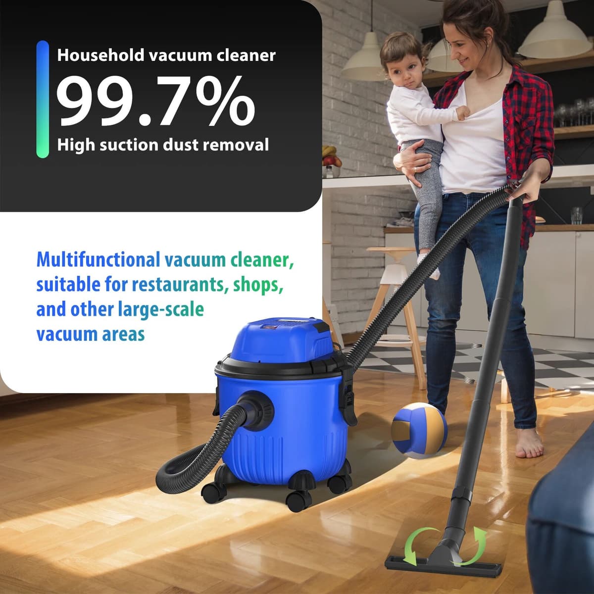 NONE Industrial Vacuum Cleaner 3-in-1 Wet and Dry Vacuum Cleaner Bagless W/Blowing Function, 16Kpa Strong Suction, 15 Litre Capacity, 4 Caster Wheels