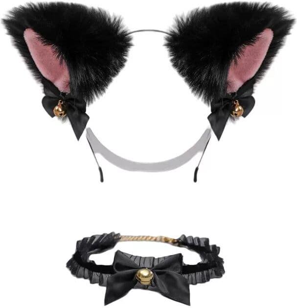 INF Lolita Spitzen-Stirnband mit Schleifenhalsband Schwarz