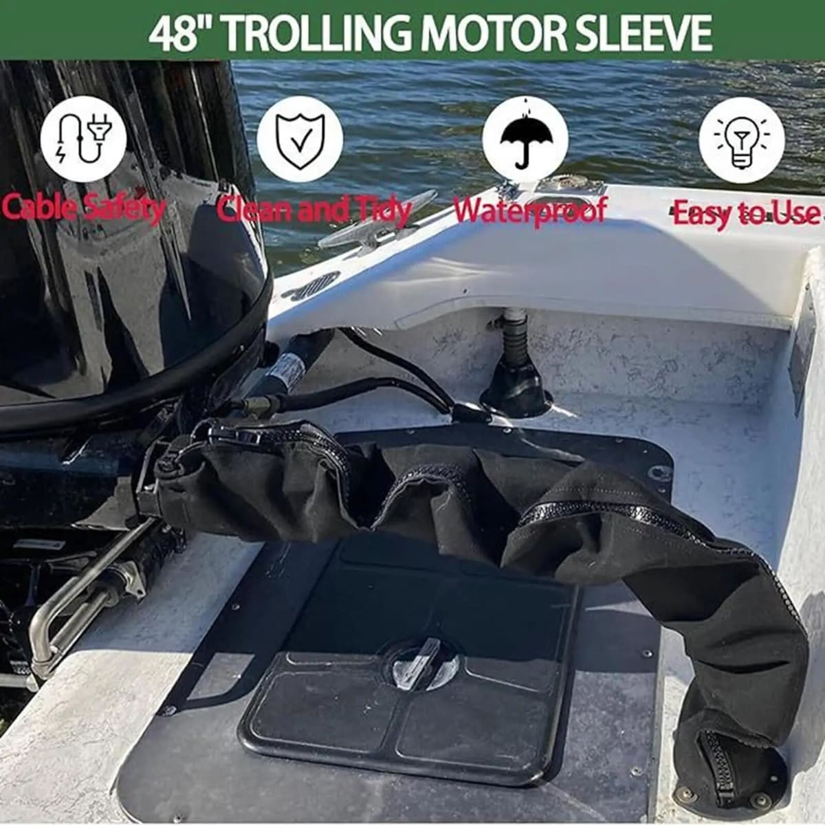 NONE Outboard Rigging Sleeve 48 Inch Zippered Wire Wrap Black Trolling Motor Wire Protector for Boat Marine Outboard Fishing Gear