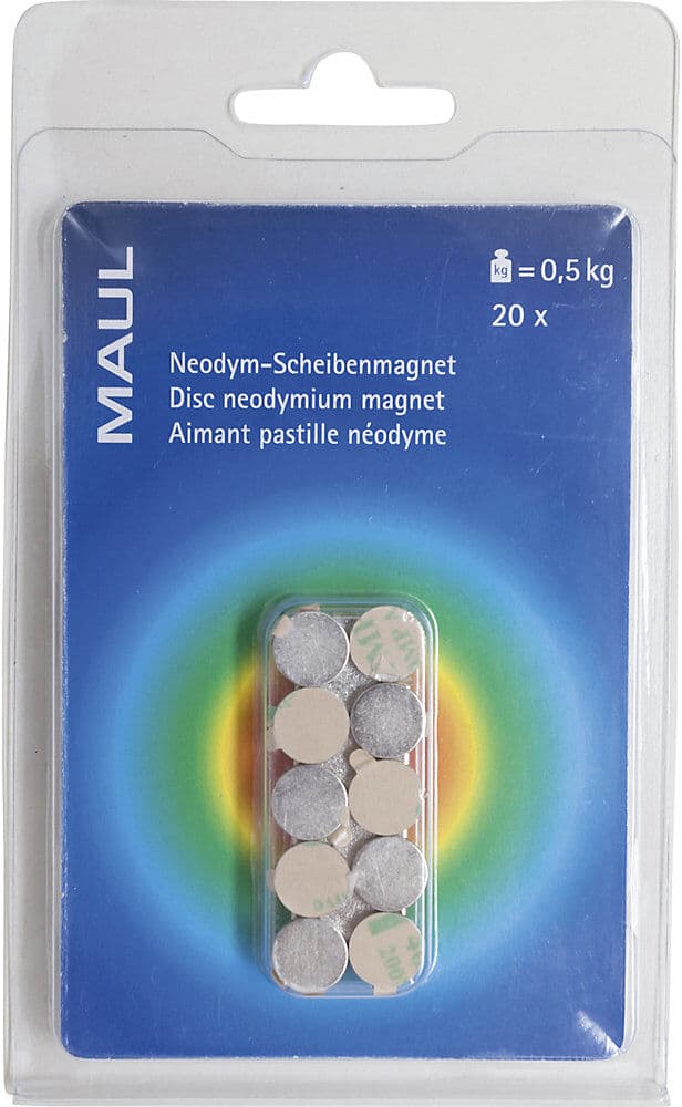 MAUL Neodym-Scheibenmagnet, selbstklebend, Ø 10 mm, VE 100 Stk, Haftkraft 0,5 kg