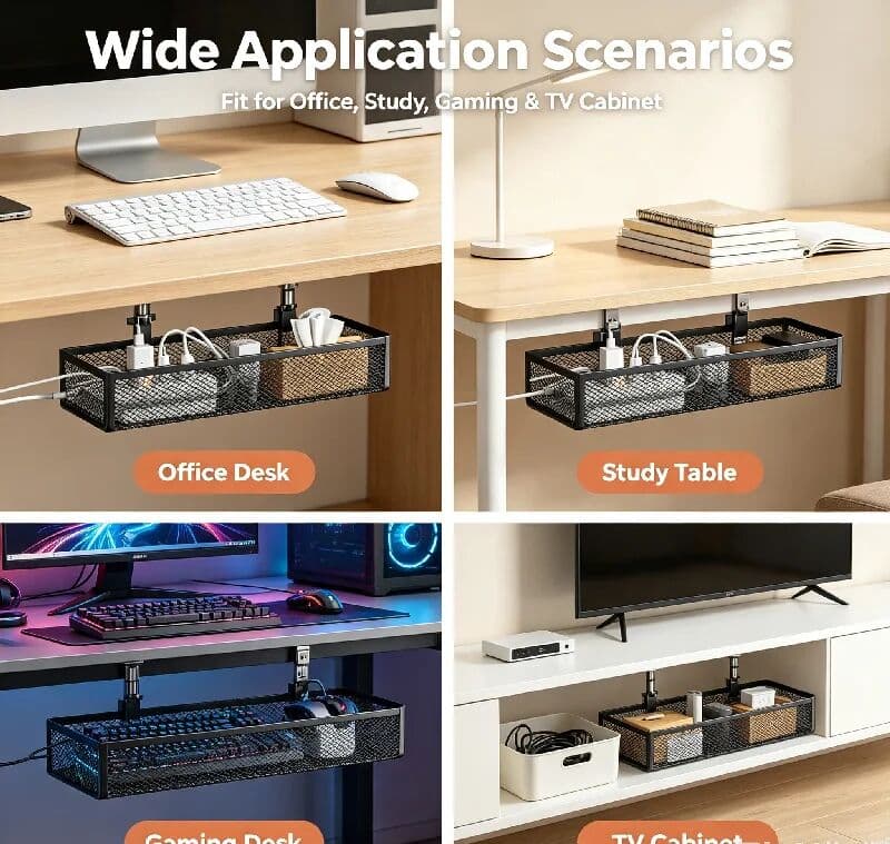 NONE 1PCS No Drill Steel Desk Cable Organizer under Desk Cable Management Tray Wire Management Rack for Office Desk