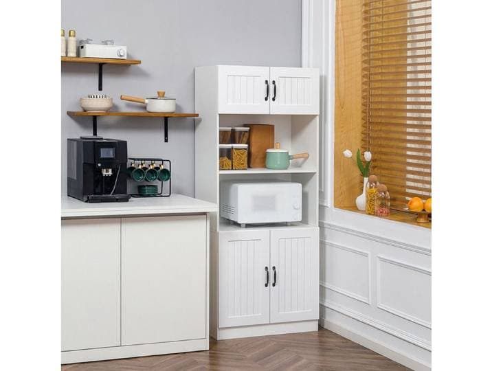 WOVREO Colonne de cuisine 70x40x170 cm avec 4 portes 2 niches ouvertes étagère réglable blanc MDF