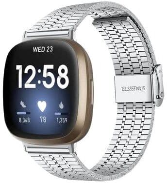 Everyday Crate Fitbit Versa 4 3 Sense 2 Sense Stainless Steel Watch Band Seven Bead Metal Replacement Strap silver