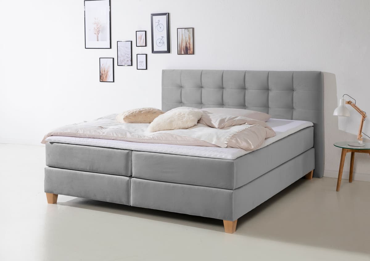 Boxspringbett HOME AFFAIRE "Moulay", grau, B:214cm L:211cm, Komplettbetten, Boxspringbett, inkl. Topper, in 3 Härtegraden, TFK auch in Härtegrad 4 grau Samtstoff, Liegefläche B/L: 200cm x 200cm Betthöhe: 55cm, Gewicht bis: 100 kg H3, Bonnell-Federkernmatr