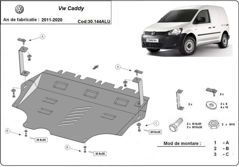 Scut Motor din Aluminiu, Scut Protection, Volkswagen Caddy 2011 - 2020