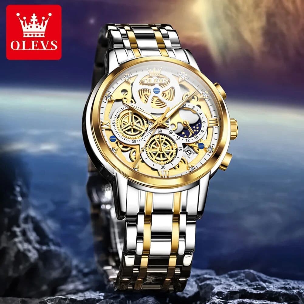 OLEVS 9947 Luxury Man Watch 3D Hollow Flywheel Design Men's Quartz Wristwatch Chronograph Moon Phase Multifunction Watch for Men