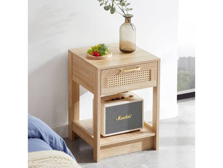 Table de Chevet avec 1 Tiroir et Niche Ouverte en Rotin 40 × 40 × 55 cm MDF Naturel - UVRION