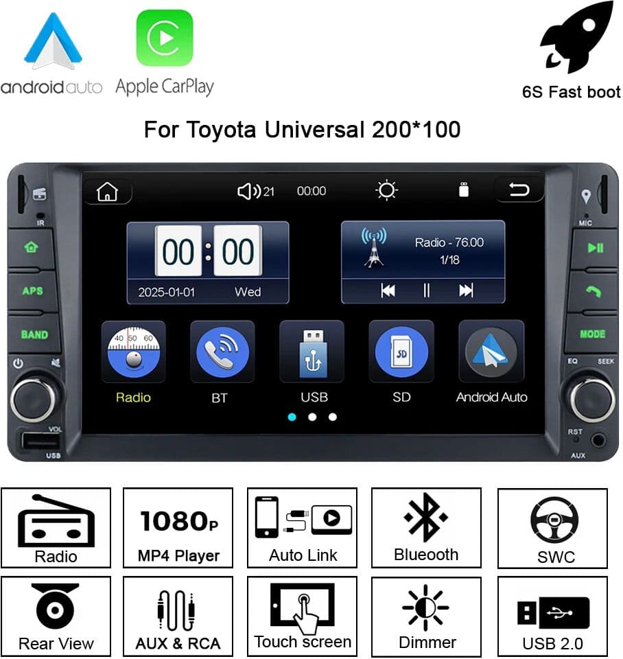 Beelite 7 inch 2 Din Car Radio Wireless Android auto CarPlay For Toyota Corolla Hilux VIOS Camry Wish Prado Multimedia Player