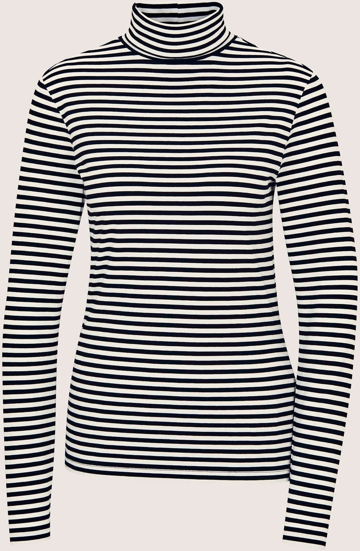 Langarmshirt MADELEINE "Shirt Ringelshirt mit Rollkragen", Damen, Gr. 44, schwarz-weiß (marine, wollweiß), Shirts Langarmshirt