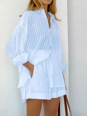 Uplift Essentials Cotton Two Piece Shorts Set For Women Long Sleeve Striped Shirt And Matching Summer Outfit m purple