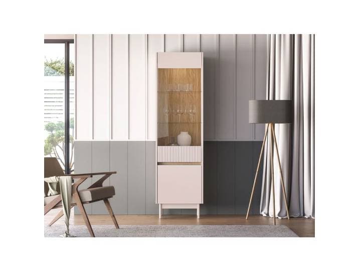 Vitrine 2 portes – DUNEA – verre & LED – Gris cachemire/aspect chêne – 55 cm