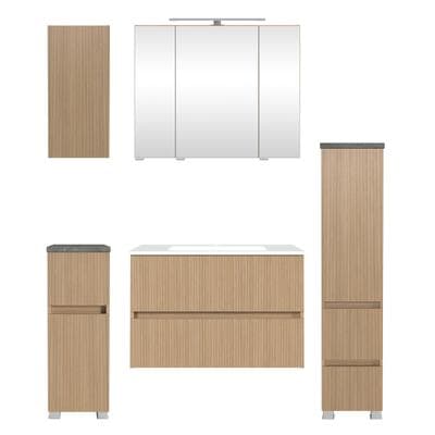 Badmöbel-Set WELLTIME "EIXO, 5tlg.-Set: Spiegelschrank, Waschtisch und Beimöbel", braun (eiche hell), B:140cm H:200cm T:47cm, Holzwerkstoff, Kastenmöbel-Sets, Badmöbel-Set, Set 140 cm breit, Badmöbel mit LED-Beleuchtung