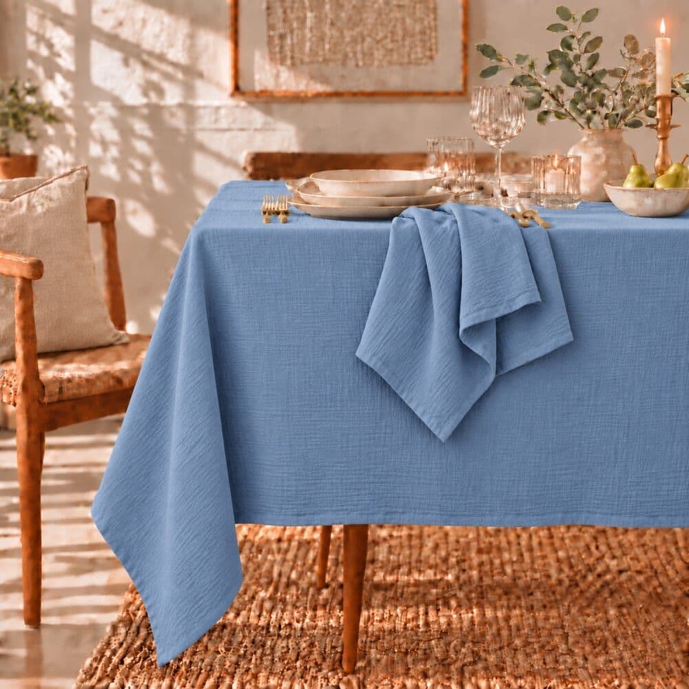 Febronie Nappe + 8 serviettes gaze de coton 150x350 bleu Bleu 350x1x150cm