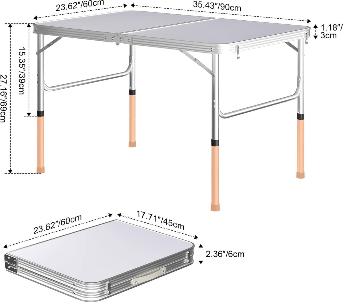 NONE Portable Folding Camping Table 90x60cm, Aluminium Lightweight Picnic Trestle Table with Adjustable Height 37/67cm for Indoor Outdoor Garden BBQ