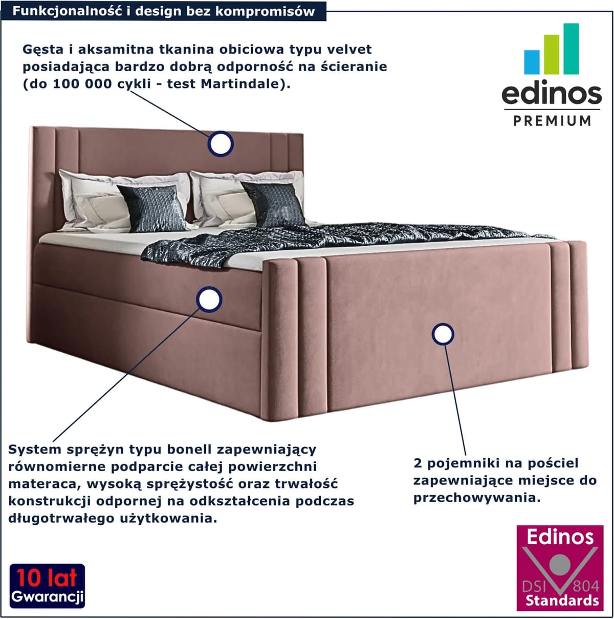 Edinos Premium Różowe welurowe łóżko kontynentalne 5 rozmiarów K2-F76