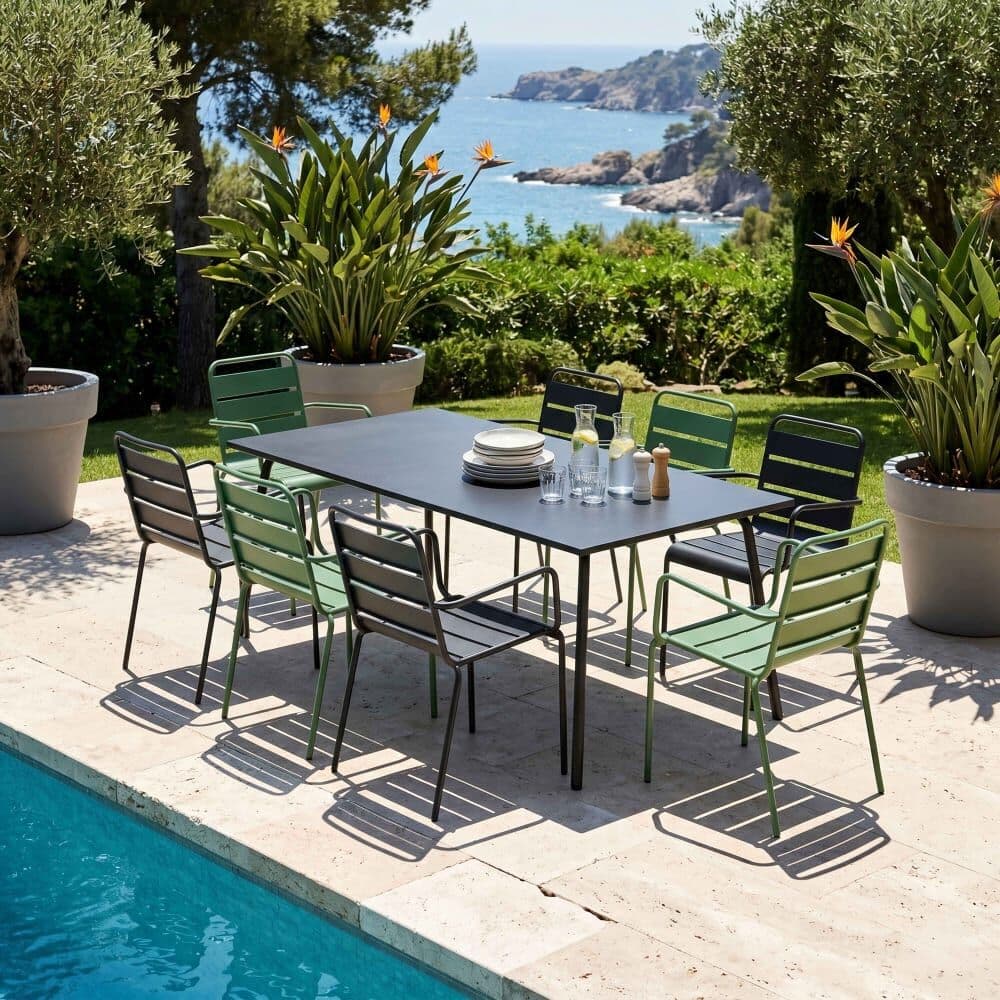 Oviala Ensemble table de jardin et 8 fauteuils en métal vert cactus et gris Vert 180x72x90cm