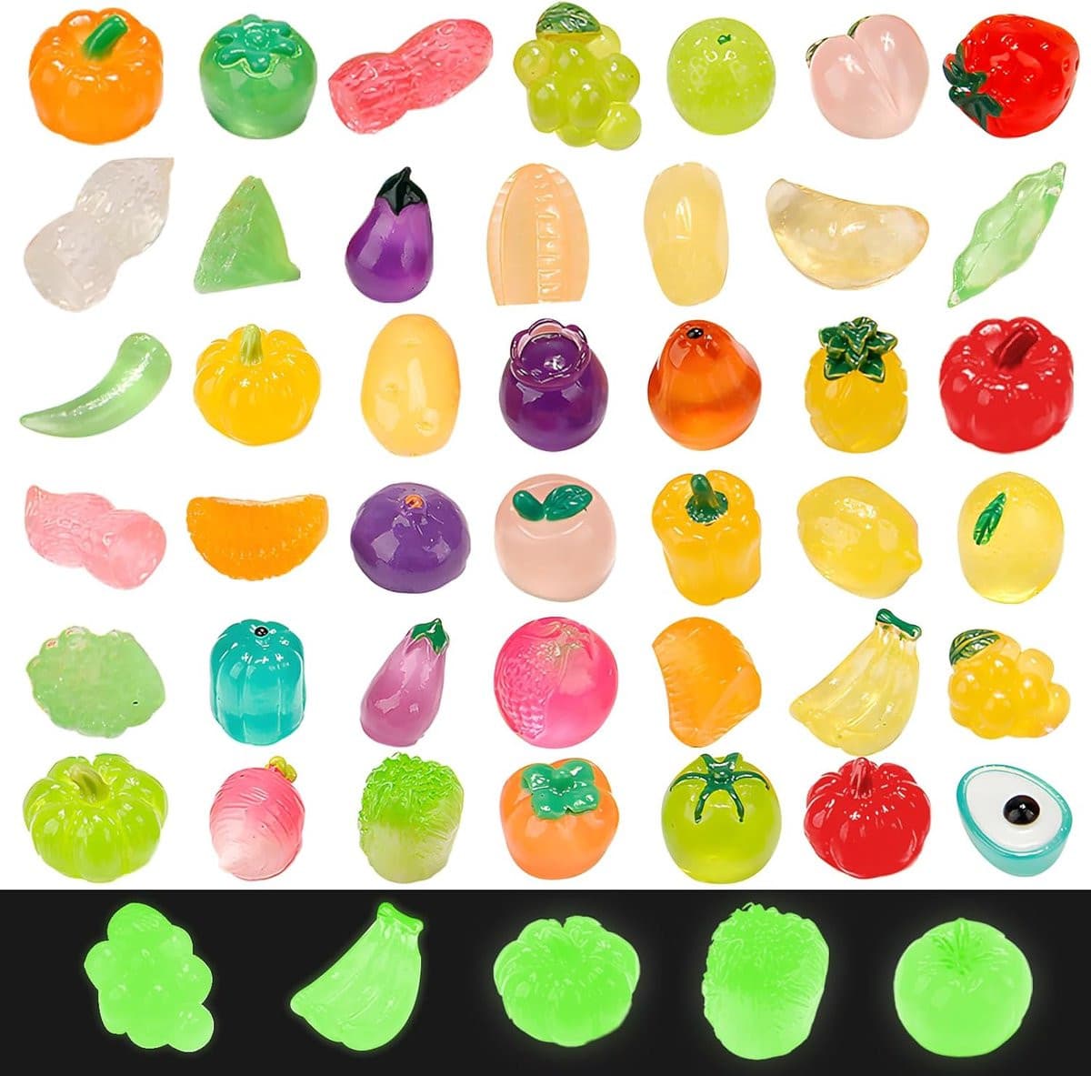 60 stuks Mini Luminous Fruit en Groente Figuurtjes - Glow in the Dark Resin Decoratie