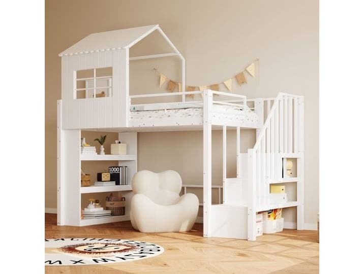 Lit mezzanine lit enfant 90×200cm lit fer grille de protection haute étagère de rangement escalier (montable gauche/droite) blanc