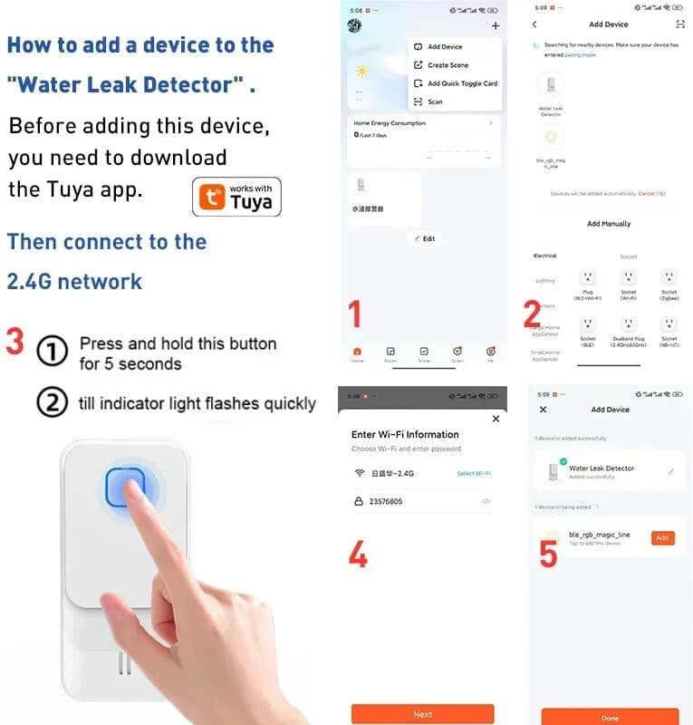 NONE RSHSmart WiFi Zigbee Water Leak Detector Flood Alarm 90dB Loud App Alert Work With Tuya Smart Life IP65 At Home Basement Kitchen