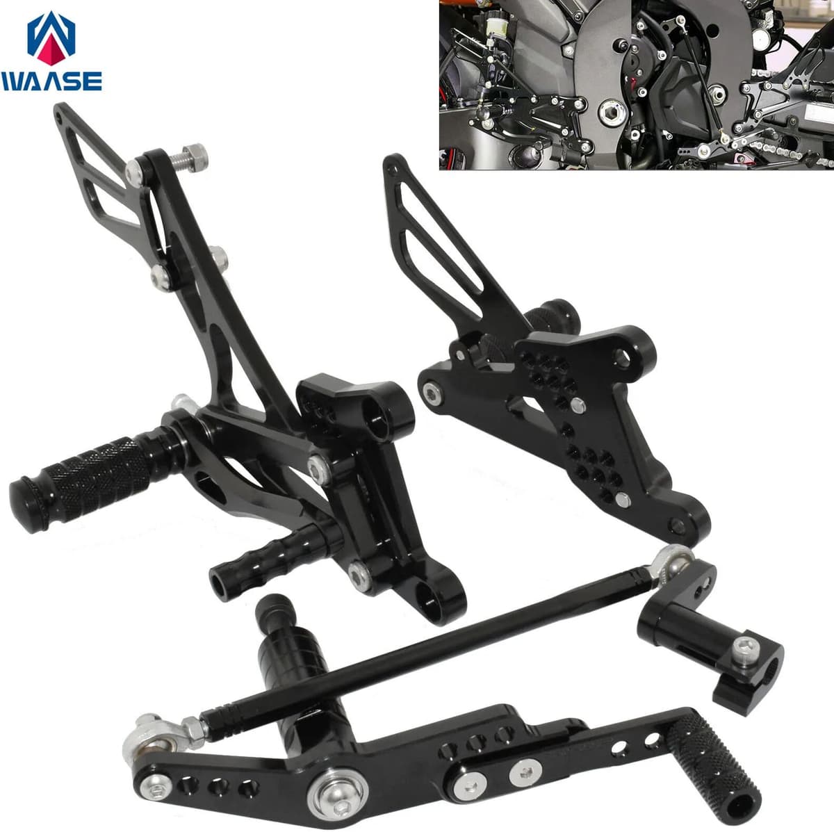 waase For YAMAHA YZF R1 YZF-R1 2007 2008 RN19 Black Racing Adjustable Rearset Footrests Driver Foot Rest Pegs Pedals Rear Set